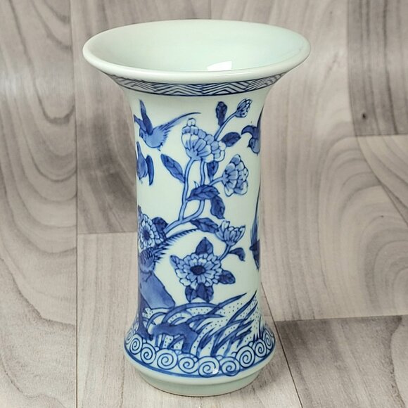 Andrea by Sadak Vase Blue and White Porcelain w/ Flowers and Birds 6” Vintage - Picture 2 of 9